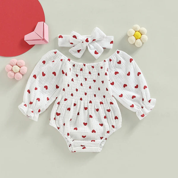 Baby Girl Valentines Day Outfit | Muslin Cotton Baby Girl Romper | Red Heart Baby Girl Romper and Headband | Baby Girl Bodysuit