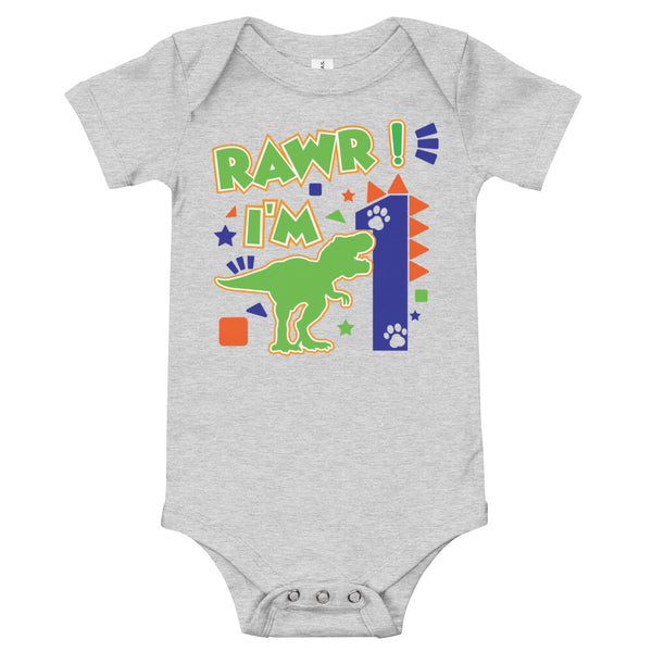 Rawr I'm 1 (One) - 1st First Birthday Dinosaur Shirt - 1 Years Old - Dinosaur Party - Dino Shirt - T Rex Birthday Shirt - Trendy Kids Shirt, Baby short sleeve one piece