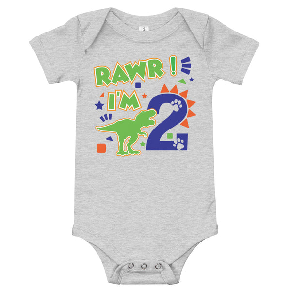 Rawr I'm 2 (Two) - 2nd Second Birthday Dinosaur Shirt - 2 Years Old - Dinosaur Party - Dino Shirt - T Rex Birthday Shirt - Trendy Kids Shirt, Baby short sleeve one piece