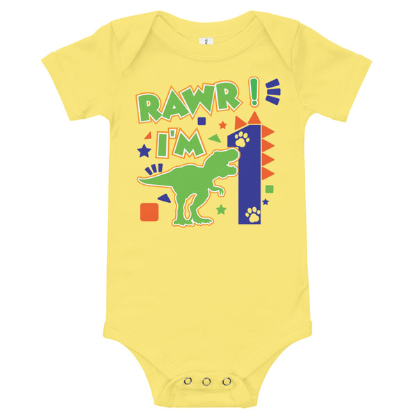 Rawr I'm 1 (One) - 1st First Birthday Dinosaur Shirt - 1 Years Old - Dinosaur Party - Dino Shirt - T Rex Birthday Shirt - Trendy Kids Shirt, Baby short sleeve one piece