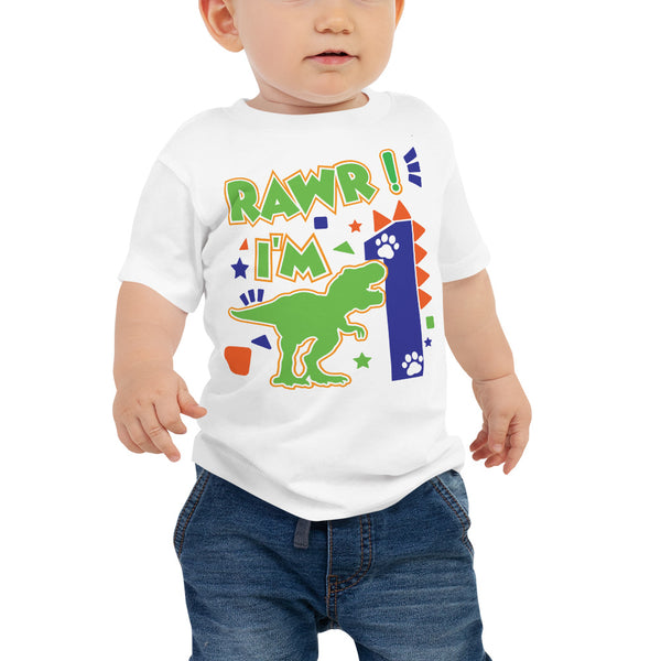 Rawr I'm 1 (One) - 1st First Birthday Dinosaur Shirt - 1 Years Old - Dinosaur Party - Dino Shirt - T Rex Birthday Shirt - Trendy Kids Shirt, Baby Jersey Short Sleeve Tee