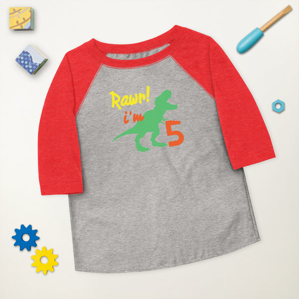 Rawr I'm Five 5th Birthday Dinosaur Shirt, Turning 5, Dinosaur Themed Fifth Birthday Outfit, Baby Boy, Girl, T-Rex Shirt, Trex B-Day Gift, Toddler baseball shirt