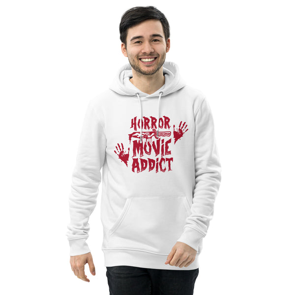 Horror Addict Hoodie - Horror Movie Addict Sweatshirt - Halloween Movie Junkie & Podcast Lover - Spooky Season Sweater - Slasher Thriller Halloween Sweater Unisex essential eco hoodie